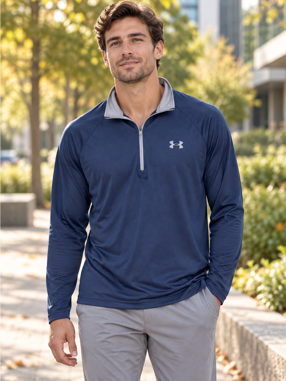 Under Armour HeatGear Men’s Large Navy Gray Quarter Zip Pullover Loose Fit VGUC